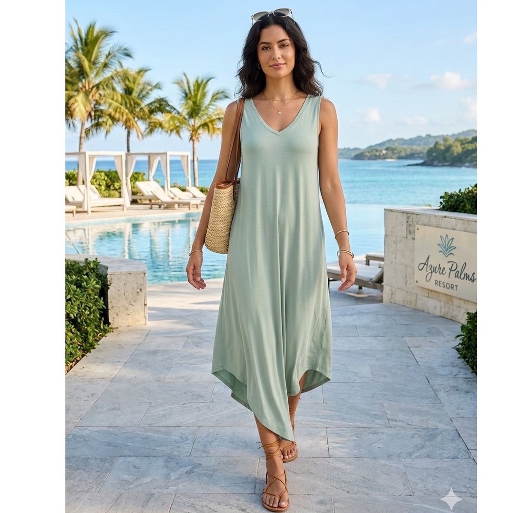 Double Zero Sage Green Handkerchief Hem V-Neck Sleeveless Midi Dress Medium